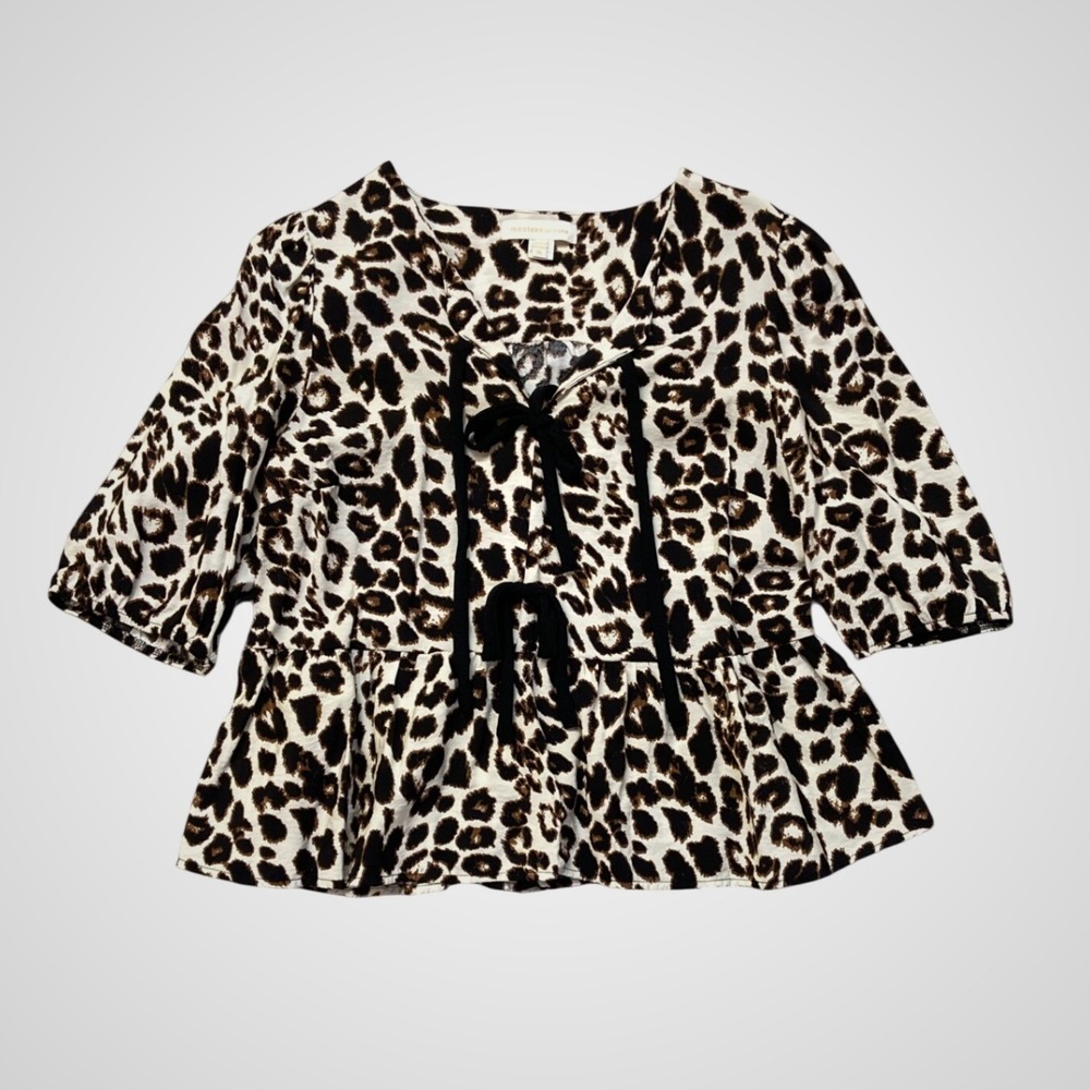 Monteau Leopard Peplum Top Women XL Brown Excellent Tie Front 3/4 Sleeve Blouse